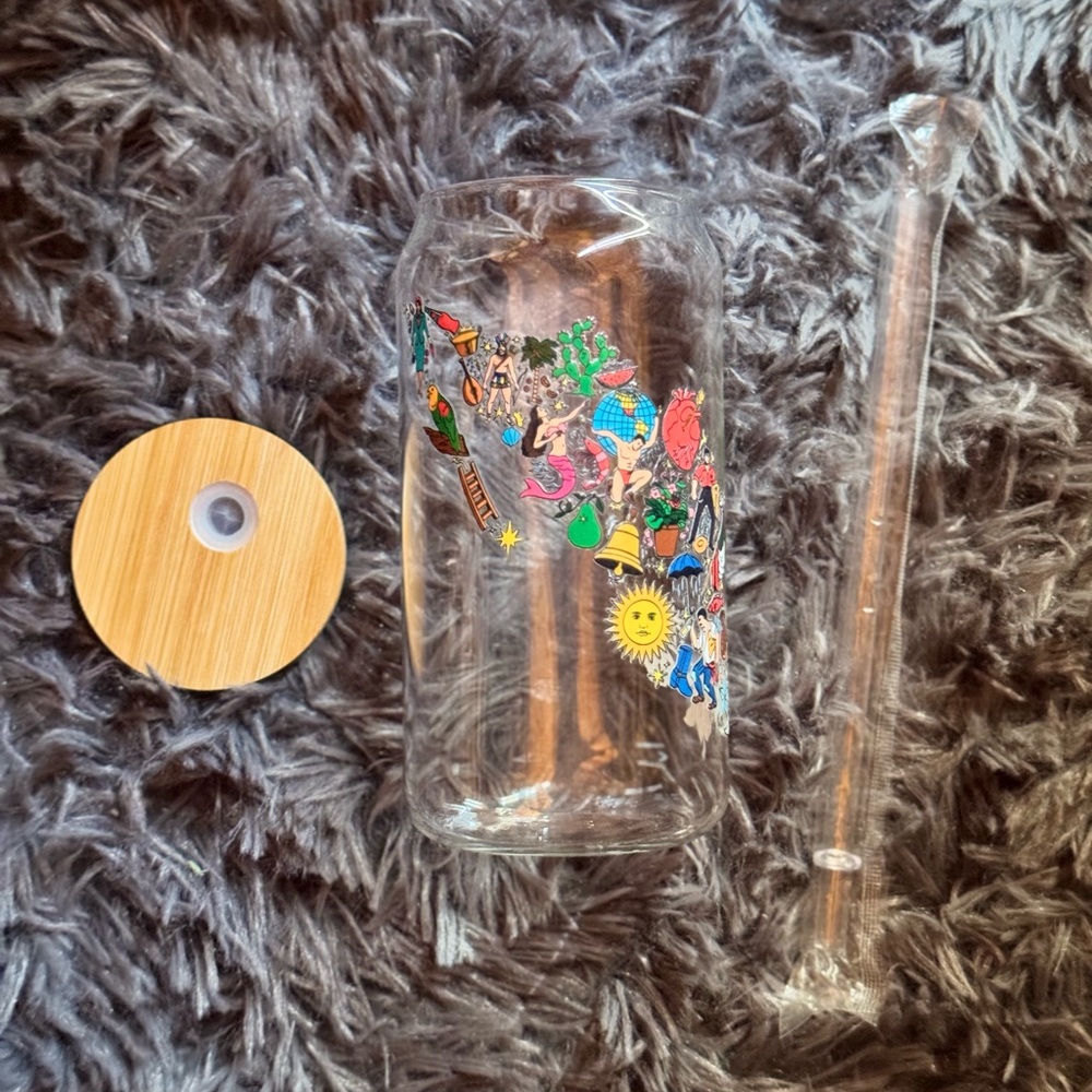 Lotería Glass cup with Straw and Lid